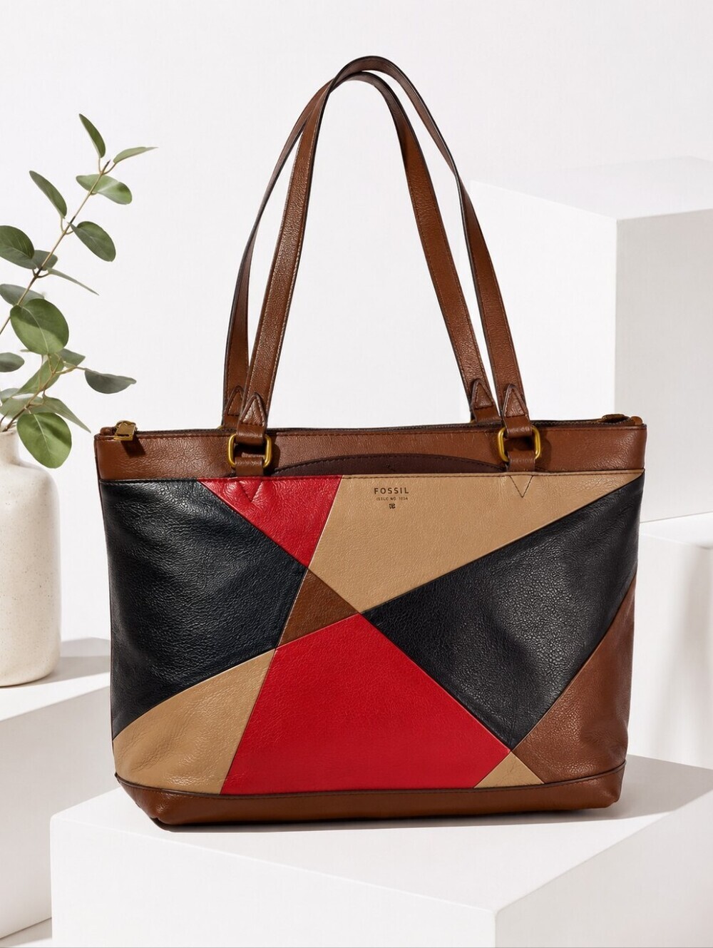 Fossil Colorblock Leather Tote Bag Brown Red Black Geometric Shopper Purse